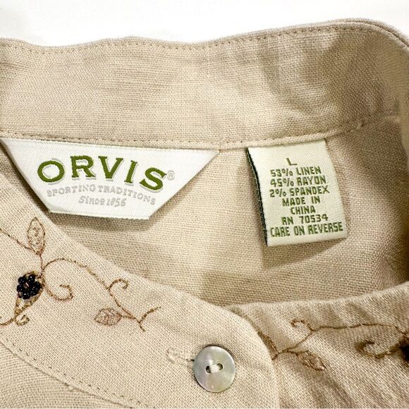 Orvis Womens Size Large Linen Blend Vintage Button Down Shirt Beaded Embroidered - Picture 5 of 11